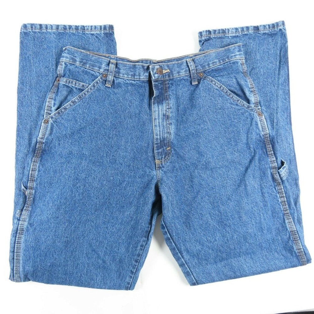 Wrangler Mens Jeans Size 34x34 Carpenter Mid Rise Medium Wash Blue Denim